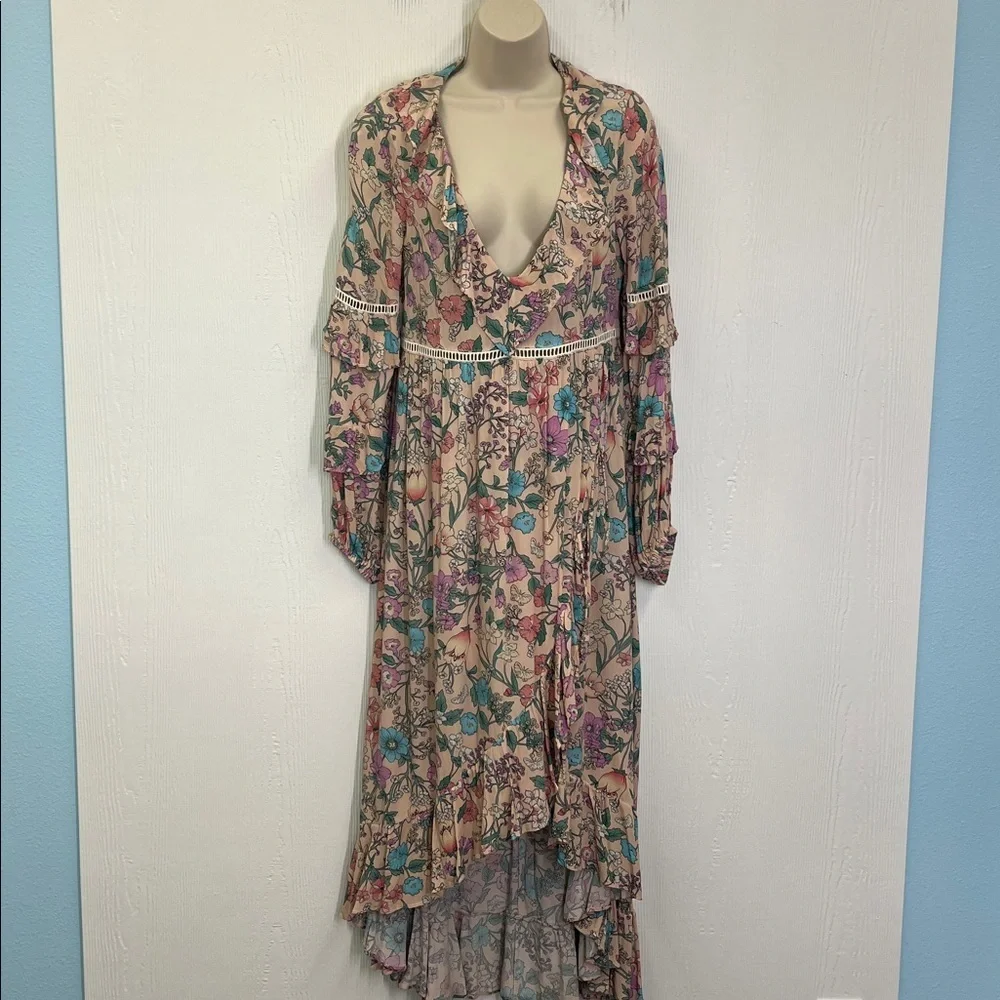 Spell - Sayulita Frill Colorful Floral V Neck Long Sleeve Midi Dress Size Medium - Picture 3 of 14